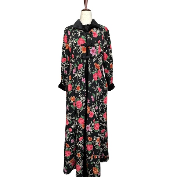 Grazia Giordano Vintage Floral Maxi‎ House Dress/Robe Velvet Trimmed Asian Style - Picture 1 of 11